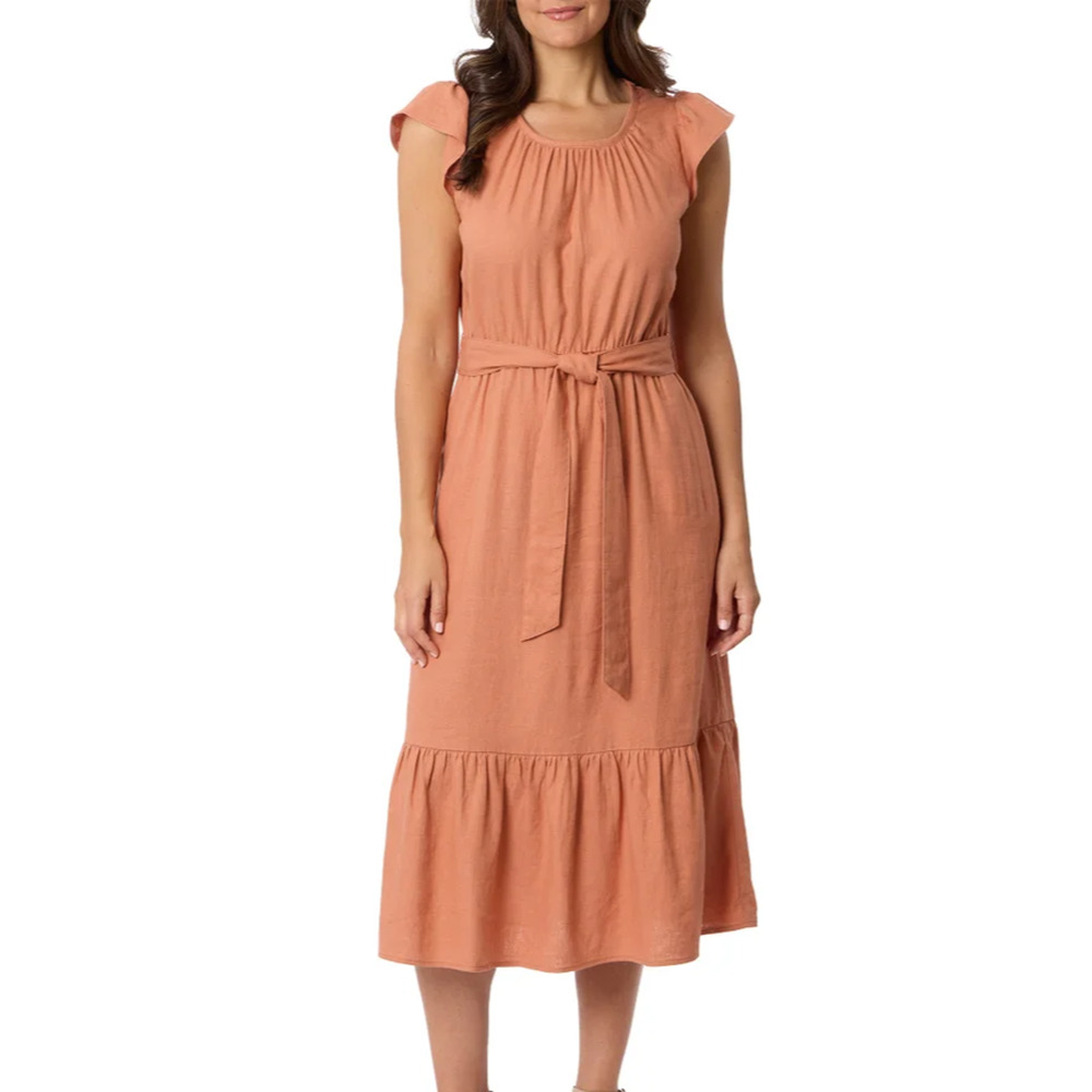 Briggs Women's Tiered Linen Blend Dress Red Rust Size Large Belt Tie NEW